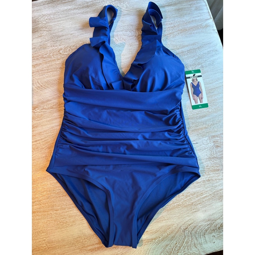 DKNY Size XL Womens Blue Ruched Ruffle V-Neck One Piece Swimsuit 1943727 - Picture 2 of 5